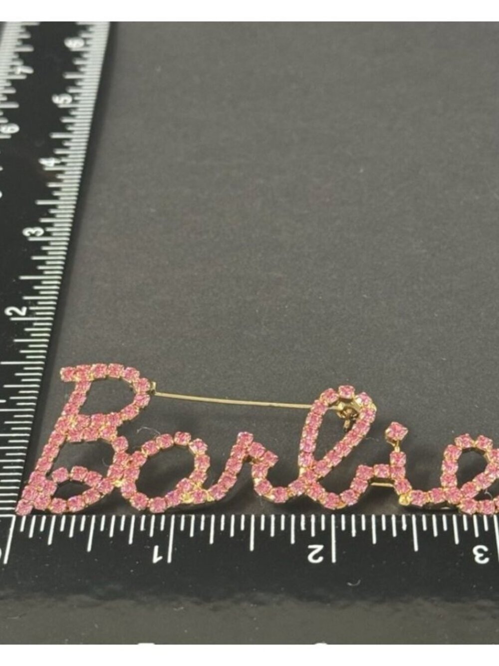 Barbie Script Rhinestone Logo Brooch Pin Pink Crystal Gold-Tone 3-1/4 inches - Picture 2 of 11
